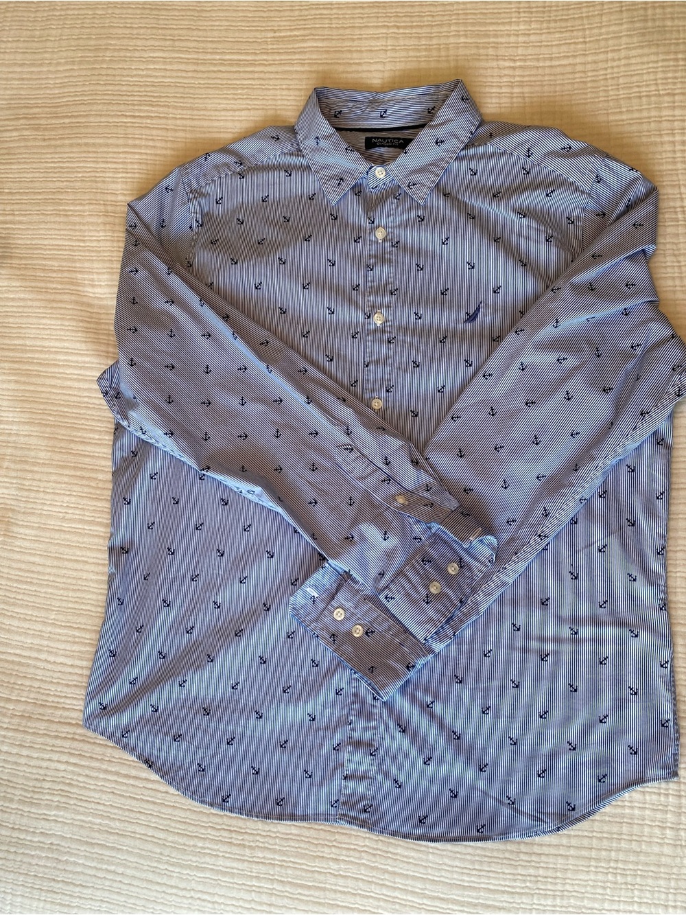 Coastal Nautica Men’s L Blue & White Anchor Print Button Down Shirt